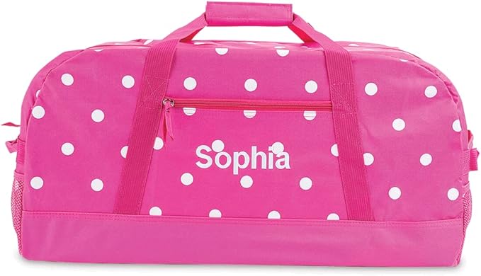 Lillian Vernon Personalized Duffel Bag for Kids, Roomy Pink & White Dots Weekender With Front & Side Compartment, Customizable Girls Sports & Travel Bags With Custom Name, 11" x 12" x 23"W