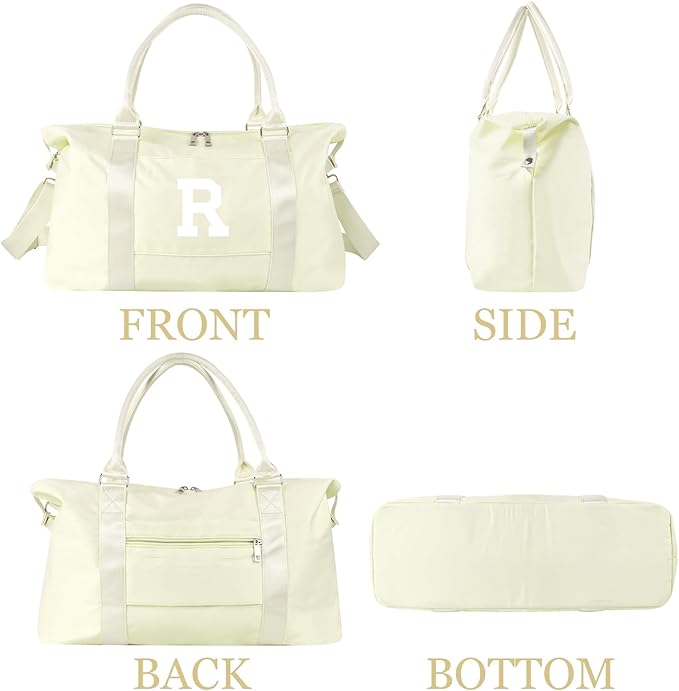 Initial Travel Duffel Bag Sports Gym Bag for Kids Teen Birthday Gifts,Beige Personalized Weekender Bag Carry On Dance Bags for Women Men,Waterproof Monogram Overnight Bag with Trolley Sleeve(Letter R)