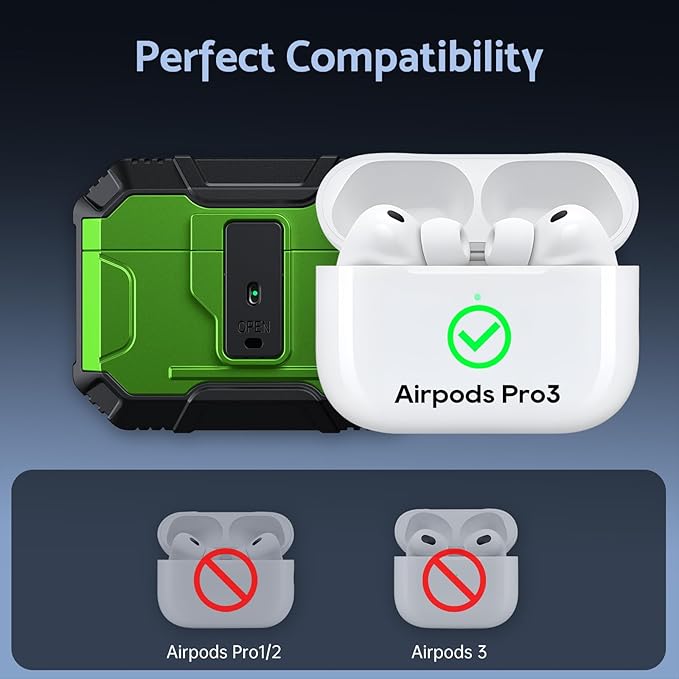 DASFOND Armor Earphone Cover Case for Airpods Pro 3, Military Grade Full Body Shockproof Protection Hard Case, Support Wireless Charging with Keychain, Magnetic Lid, Front LED Visible, Green
