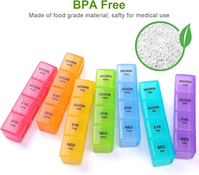 Sukuos Large Weekly Pill Organizer 7 Day (4 Times a Day), Moisture-Resistant Daily Pill Box Medicine Cases for Vitamin/Fish Oil/Supplements - Rainbow Colors