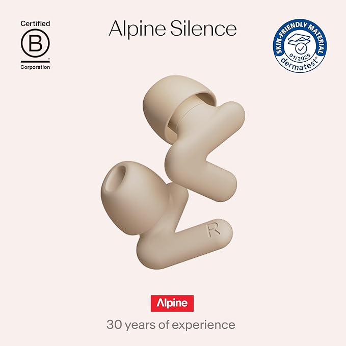 Alpine Silence Earplugs for Sleep, Focus & Travel - V-Shape Snug Fit & Soft Oval Tips – 4 Sizes XS/S/M/L - Comfortable, Reusable Hearing Protection - SNR 22dB & NRR 16 Noise Reduction – Beige