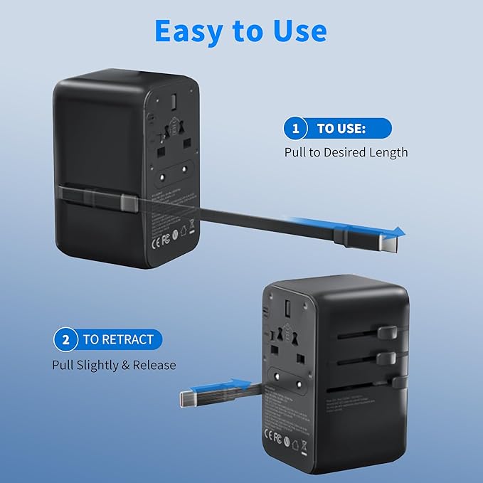 70W GaN Universal Travel Adapter, 6-in-1 International Power Adapter for US/EU/UK/AUS & 200+ Countries, European Travel Plug Adapter with Built-in USB-C Cable & 4-Ports for Laptop, Phone