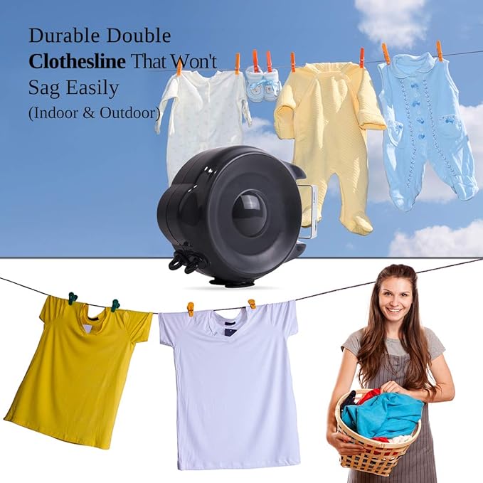 JS HANGER Retractable Clothesline Outdoor Indoor Laundry Line - 99 FT Double Lines Heavy Duty Wall Mounted Washing Line, Portable Clothes Drying Line with 24pcs Free Pegs (Black)