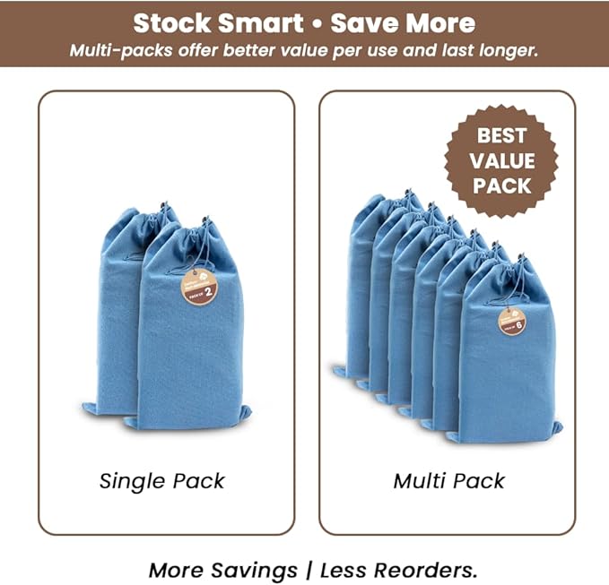 LFH Cotton Rich Shoe Storage Bags with Drawstring, Dustproof Breathable Reusable Organizer, Perfect For Travel, Dorm, Hotel, College, Gym, Easy to Carry, Machine Washable 8"x17" (Pack of 6) - Sky Blue