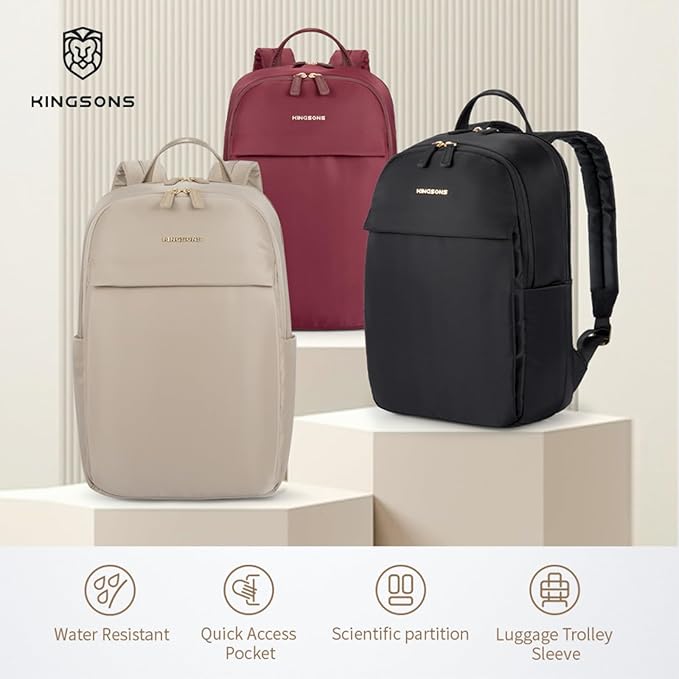 Kingsons Slim Travel Backpack With Luggage Strap,Black Business Backpack, Waterproof Nylon Commuter Bag for Work & Travel,Hiking, Red,Khaki (KS25002-Black-US-1)