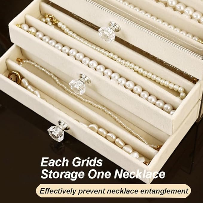 SPAKOWN Necklace Organizer Box, Velvet Necklace Box Holder Tray with Clear Lid Chains Showcase Stackable Necklace Storage for Pendant Bracelet (5 Drawers - Beige)