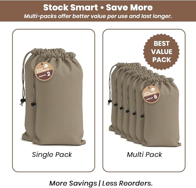 LFH Cotton Rich Shoe Storage Bags with Drawstring, Dustproof Breathable Reusable Organizer, Perfect For Travel, Dorm, Hotel, College, Gym, Easy to Carry, Machine Washable 8"x17" (Pack of 4) - Chambray