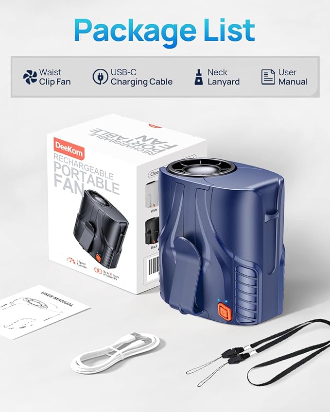 2025 Portable Personal Waist Fan& Neck Fan, 14000RPM Brushless Motor, 40H Runtime Rechargeable, 6-Speed Quiet Operation, Clip-On Personal Body Cooling for Camping/Worksites/Outdoor