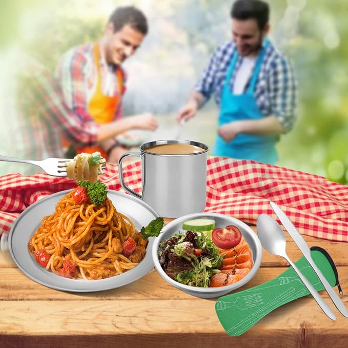 Stainless Steel Camping Cutlery Set - 8 Piece, Includes Spoons, Mugs, Bowls, Plates, Rags & Organizer Straps - Easy to Carry for Backpacking, Camping, Hiking and Picnics