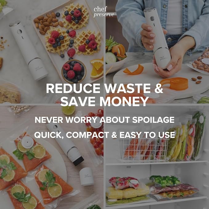 Chef Preserve Compact Vacuum Sealer for Food (Vacuum Sealer Machine + 10 Reusable Vacuum Bags) Powerful Handheld Vacuum Sealer Machine, Seal Meal Saver, Portable Food Sealer