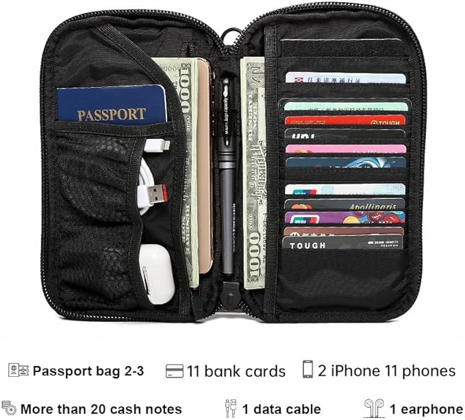 Passport Organizer Durable CORDURA Travel Wallet with Secure Clip & Smooth Zipper