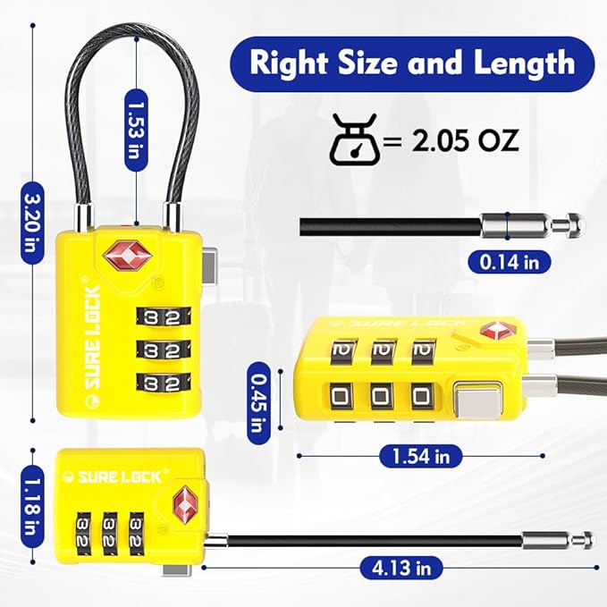 SURE LOCK TSA Approved Combination Luggage Locks with Open Alert Indicator – Durable Zinc Alloy Cable Travel Locks with Large Easy-Read Dials for Suitcases, Backpacks & Gym Bags(2, Yellow)