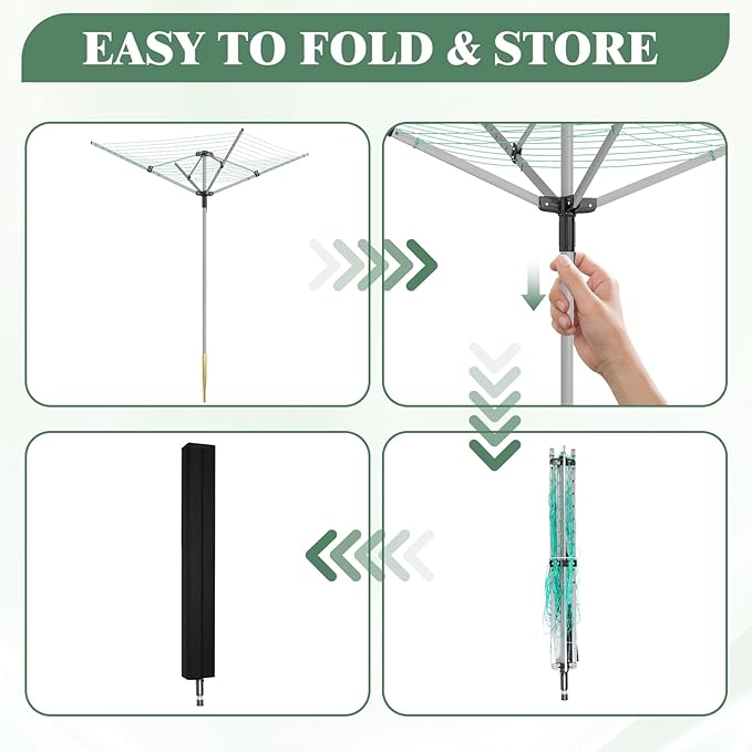 Outdoor Umbrella Drying Rack 165 Feet Umbrella Clothesline with 12 Lines Rotary Drying Rack Adjustable Height 4-Arm Foldable Clothes Drying Rack with Protective Cover for Backyard- Green