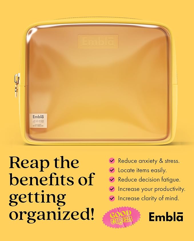 Embla London Makeup Bag Cosmetic Case, Clear Zipper Make Up Pouch and Toiletry Travel Tote, Cute Skincare Pouches for Women Girls, Preppy Purse Cosmetic Organizer, Large Makeup Bags, Lemon