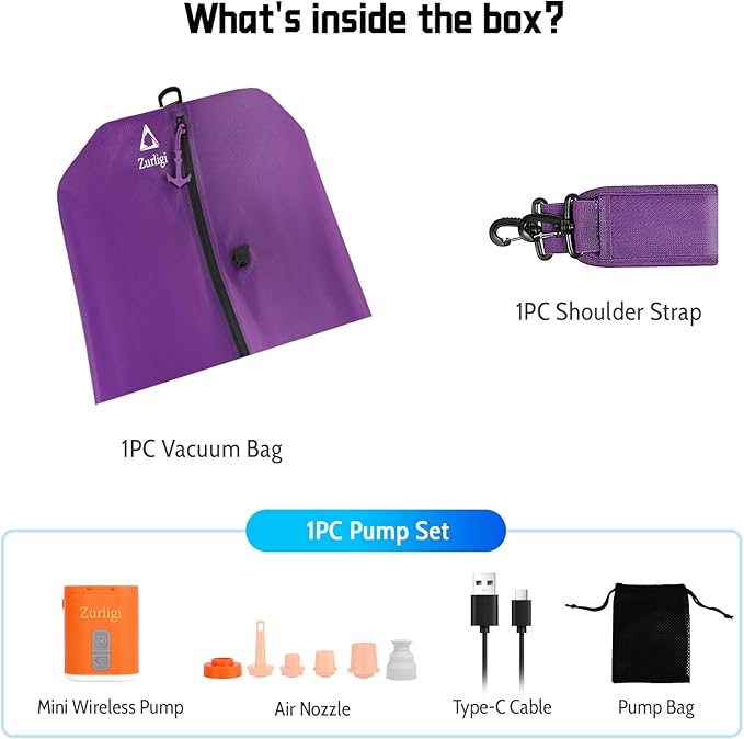 Zurligi Vacuum Bags for Travel with Pump, Vacuum Compression Bag with Adjustable Shoulder Strap, IP67 Reusable Vacuum Packing Cubes for Luggage, Backpack, Suitcase, Yoga, Swim, Beach