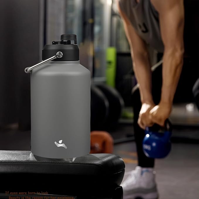 1 Gallon Jug with Handle,128 oz Insulated Water Bottle with Carrying Pouch, Double Wall Vacuum Stainless Steel Metal Bottle,Gray