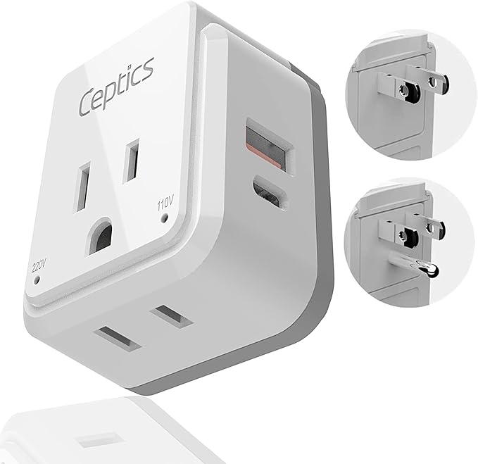 Ceptics Japan, Philippines Power Travel Plug Adapter Set, 20W PD & QC, Safe Dual USB & USB-C 3.1A - 2 USA Socket - Compact - Use in USA, Bahamas, Canada Includes Type A, Type B Swadapt Attachments