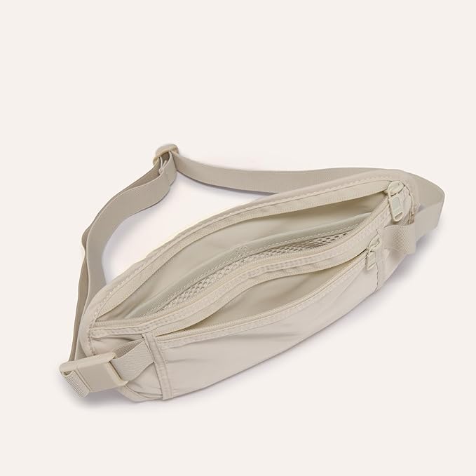 Pander RFID Blocking Travel Money Belt – Hidden Waist Pouch for Passport, Cash, Cards, Slim Belt Bag for Men and Women, White Beige