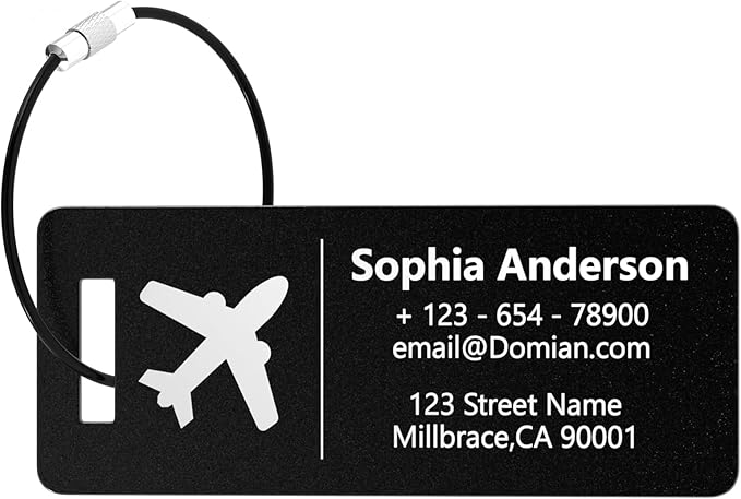 4 Personalized Metal Luggage Tags, Laser Engrave Name and Logo, Custom Aluminum Suitcase Tags with Steel Ring, for Travel, Backpack, Baggage (Black)