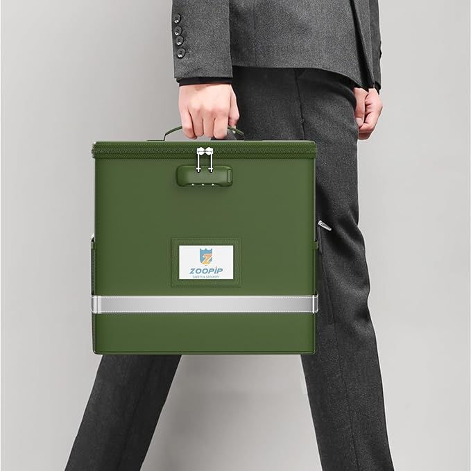 Fireproof File Box with Lock, Document Box Storage Organizer, Suitable for Hanging File Folders in Letter Size, Collapsible File Box, Reflective Strip for Fast Find (12.2"*6"*10.2, Green)