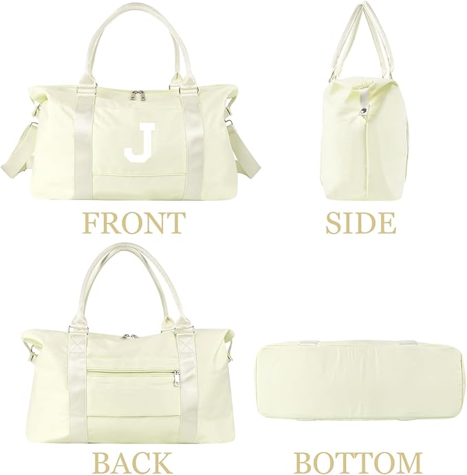 Initial Travel Duffel Bag Sports Gym Bag for Kids Teen Birthday Gifts,Beige Personalized Weekender Bag Carry On Dance Bags for Women Men,Waterproof Monogram Overnight Bag with Trolley Sleeve(Letter J)