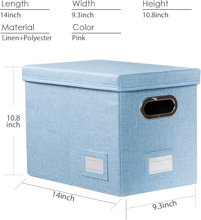 PRANDOM File Organizer Box - Set of 1 Collapsible Decorative Linen Filing Storage Hanging File Folders with Lids Office Cabinet Letter Size Blue (14x9.3x10.8 inch)