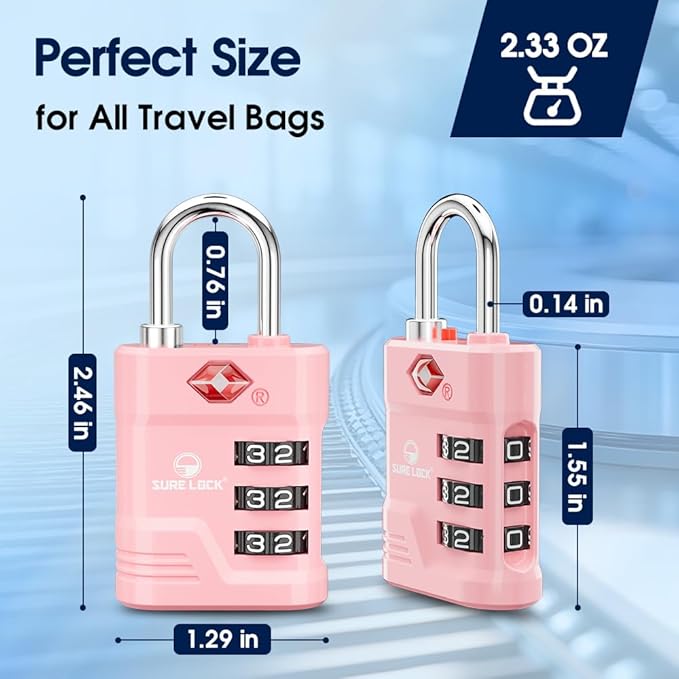 SURE LOCK TSA Locks for Luggage, TSA Approved Luggage Locks with Open Alert, 008 Key for High Security, Easy Read Dials, Zinc Alloy Body, Locker Lock for Suitcase, Gym, Travel.(Pink 4 pk)