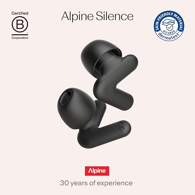 Alpine Silence Earplugs for Sleep, Focus & Travel - V-Shape Snug Fit & Soft Oval Tips – 4 Sizes XS/S/M/L - Comfortable, Reusable Hearing Protection - up to 25dB – Black
