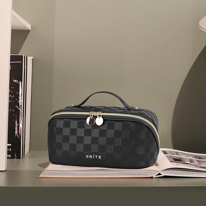 Prite Makeup Bag for Women Travel Waterproof Vegan Leather Cosmetic Bag Open Flat Toiletry Bag With Clear Divider and Handle (Plaid Black)