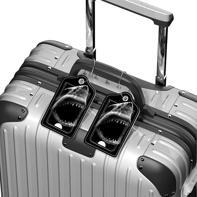 Funny PU Leather Luggage Tags 2-Pack Ocean Shark Mouth Cute Pattern Suitable for Suitcase Stainless Steel Loop and Address Card Essential for Cruise and Airport Travel for Men and Women