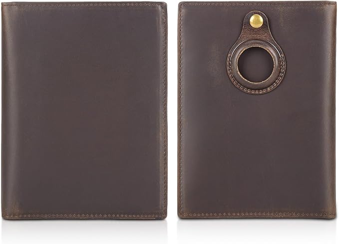 Polare Full Grain Leather Passport Holder RFID Blocking Travel Bifold Wallet Passport Holders 2 Passports (Dark Brown with AirTag Slot)