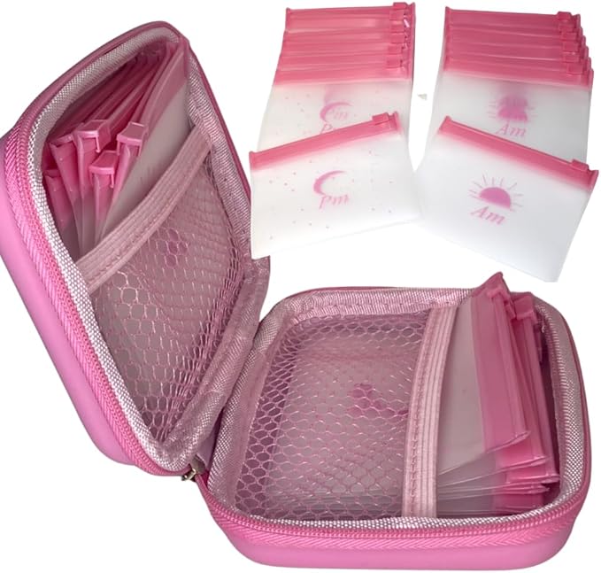 Pink Day and Night Pill Wallet w/Zipper, PU Leather Pill Case 5.5 X 4 x1.75 Inch, Includes14 AM PM Pill Organizer 7 Day Small Pill Bags of 3x4 Inch, Pill Pouches for Medicine or Supplements