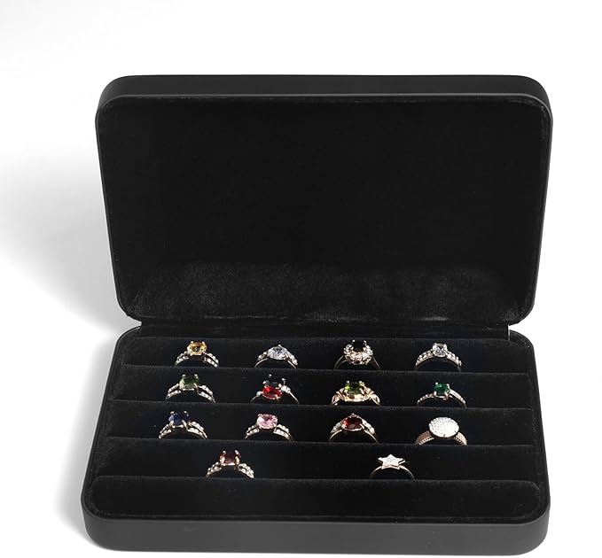 Jewelry Ring organizer Box, Portable Small Storage Display Case, Fashion Jewelry Tray Holder Showcase, Ring Boxes for Multiple Rings Fits for Travel or Home Organizers (Black Big)