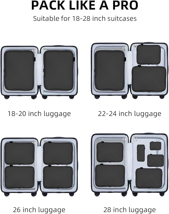 6 Set Compression Packing Cubes for Travel, Large Medium Small Luggage Organizers, Storage Bags for Clothes (6 Pack, Pure Black)