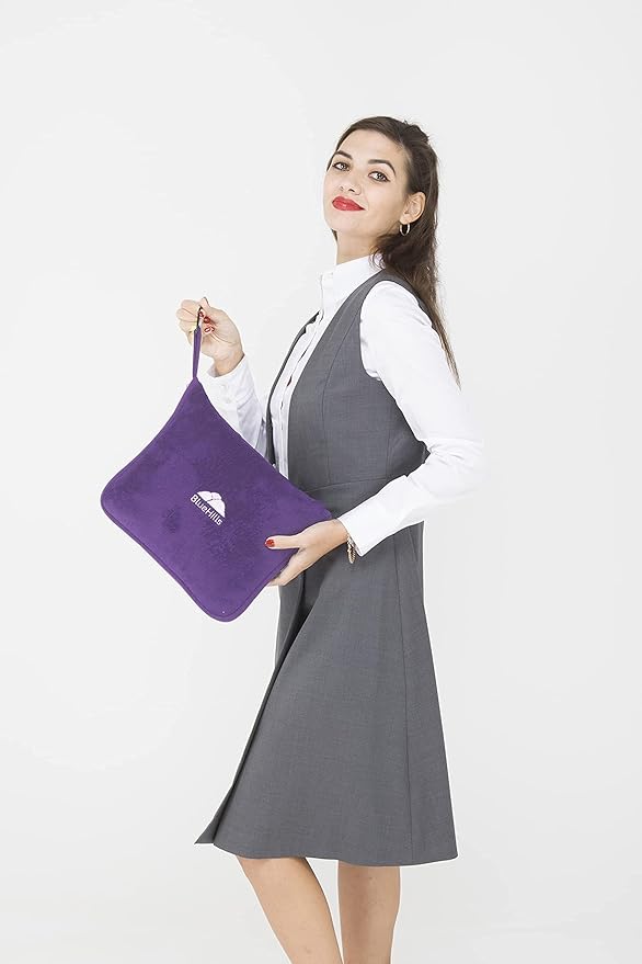 BlueHills Travel Blanket Pillow Premium Soft Plush for Airplane Travel Size Blanket Throw Long Flight Essentials in Compact Bag Plane Portable Lightweight Purple T021