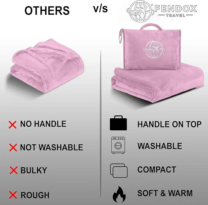 2-in-1 Travel Blanket and Pillow โ Lightweight, Compact, Ultra Soft, Machine Washable โ Handle, Luggage Sleeve, Backpack Clip โ for Trave Airplane, Car, Office (Light Pink)