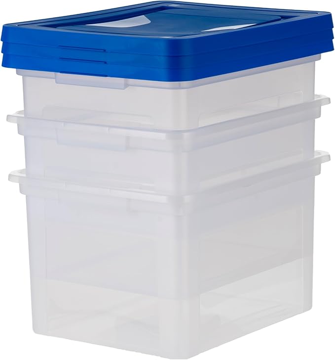 IRIS USA File Box, Plastic File Organizer Box With Lids, Letter/Legal File, Important Document Box, Portable Storage Filing Bin, Stackable Nestable, Clear/Blue 35 Qt. 3 Pack