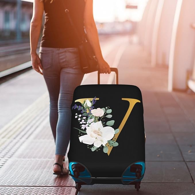Flower Lette V Black Luggage Cover Elastic Washable Stretch Suitcase Protector Anti-Scratch Travel Suitcase Cover for Kid and Adult L (25-28 inch suitcase)