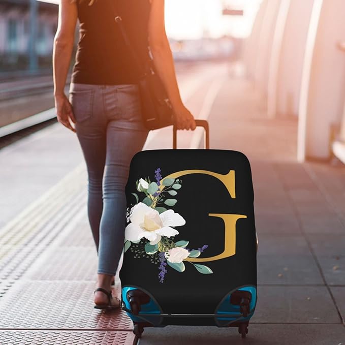 Flower Letter G Black Luggage Cover Elastic Washable Stretch Suitcase Protector Anti-Scratch Travel Suitcase Cover for Kid and Adult L (25-28 inch suitcase)