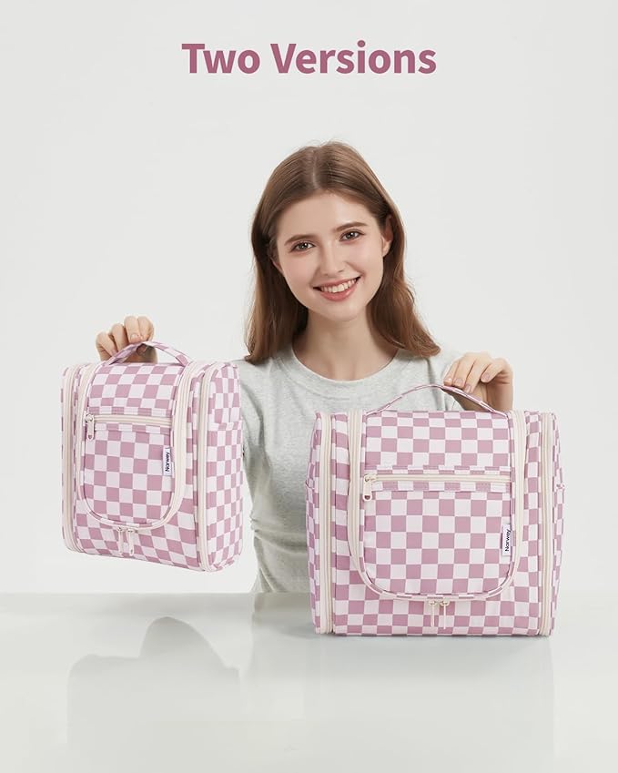Narwey Small Checkered Hanging Travel Toiletry Bag for Women, Travel Bag for Toiletries, Makeup Bag Organizer Cosmetic Bags Make Up Bags for Women (Dusty Rose Checkerboard)