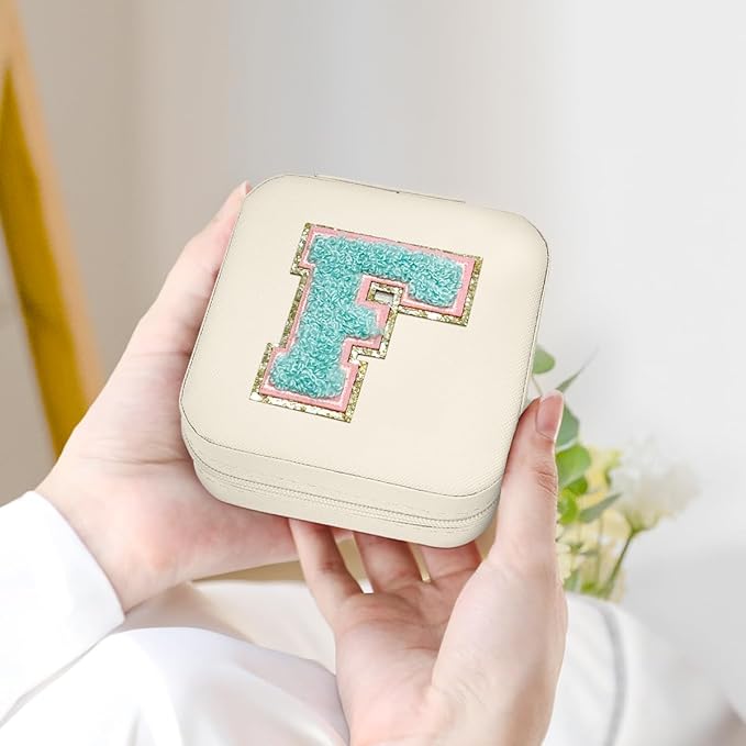 SANDJEST Personalized Jewelry Box, White Travel Jewelry Box with Initial F, Small Monogrammed Jewelry Case Organizer for Girls Women Teen Kids, Mini Travel Essentials Gifts for Birthday Christmas