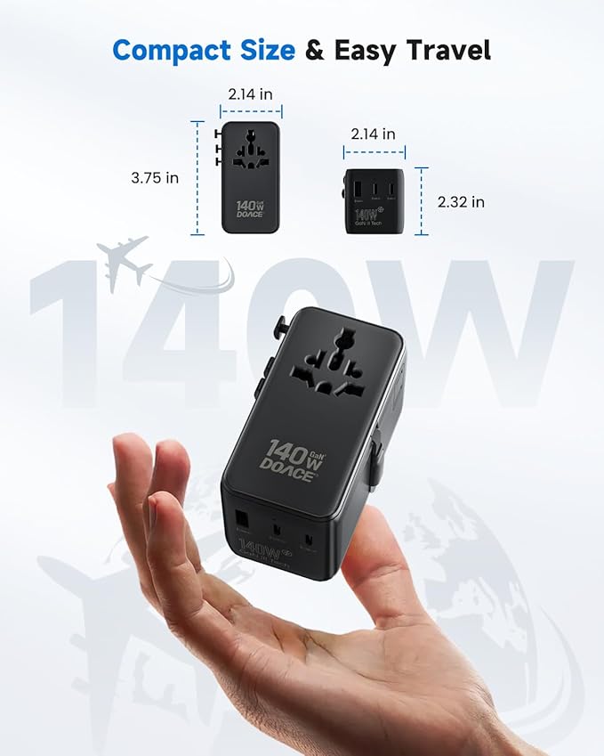 DOACE Universal Travel Adapter, 140W GaN 3.0 European Travel Plug Adapter with Built-in USB-C Cable, 6 in 1 USB-C PD Fast Charging Universal Adapter for Worldwide Travel-EU/UK/USA/AUS
