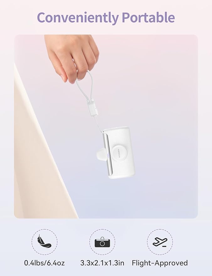 RORRY Mini Portable Charger USB C, 10000mAh PD 22.5W Fast Charging Small Power Bank, Travel Essential Battery Pack for iPhone 17/16/15 Series and Apple Watch Ultra/11/10/9/SE, iPad, White