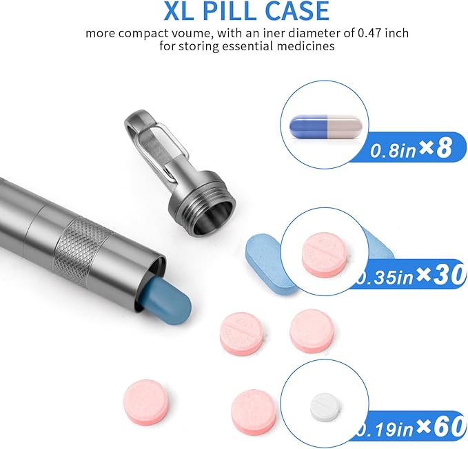 TISUR Keychain Pill Holder, Small Titanium Pill Case,Travel Pill Box Container,Variable Lengths Portable Pill Organizer Waterproof Metal Case Bottle(Gray Titanium XL-4.4inch)