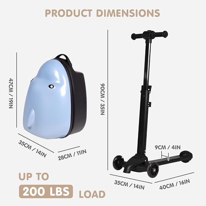 smilesun 4-in-1 Detachable Scooter Suitcase for Kids & Teens, 3D Owl/Dolphin Hardside Ride-On Luggage, Lightweight Foldable Design, Unique Travel Gift for Children (Dolphin, 22-inch)