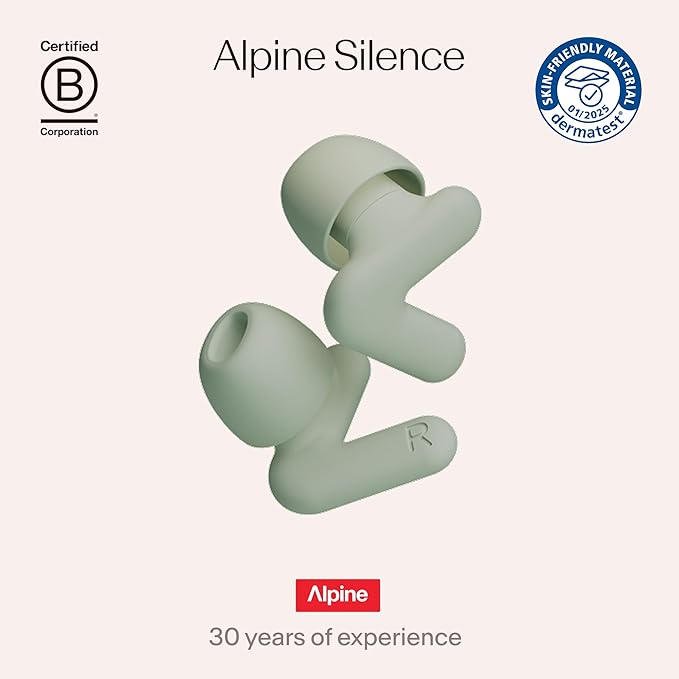 Alpine Silence Earplugs for Sleep, Focus & Travel - V-Shape Snug Fit & Soft Oval Tips – 4 Sizes XS/S/M/L - Comfortable, Reusable Hearing Protection - up to 25dB – Green