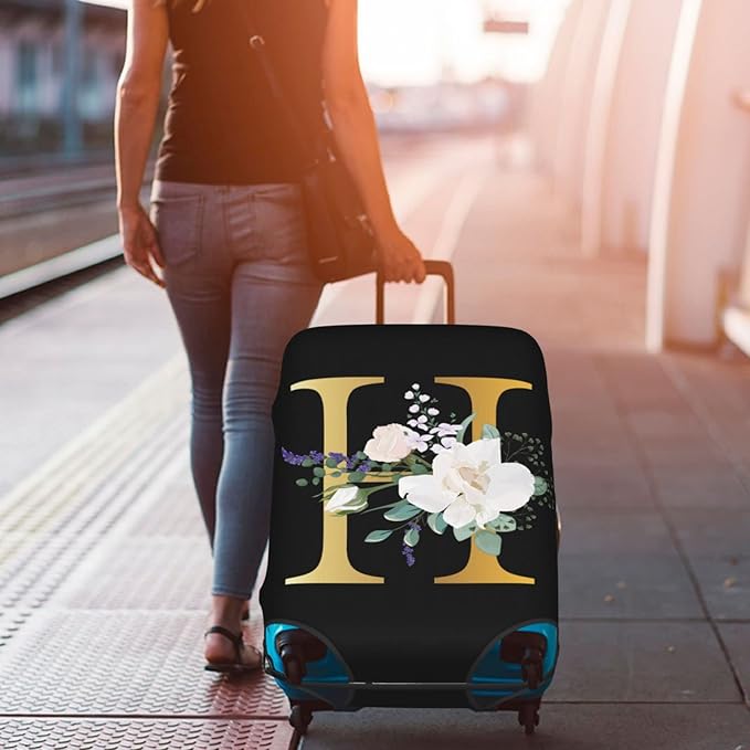 Flower Lette H Black Luggage Cover Elastic Washable Stretch Suitcase Protector Anti-Scratch Travel Suitcase Cover for Kid and Adult L (25-28 inch suitcase)