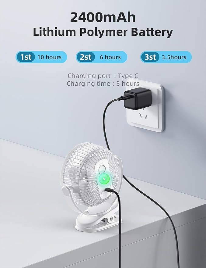 usb Personal Clip on Fan 2400mAh Battery Operated 6in, Type C, 3 Speed, 720 adjustment, Small Portable Fan for Table, Bedroom, Desk, dormitory, Camping, Stroller, Golf Cart