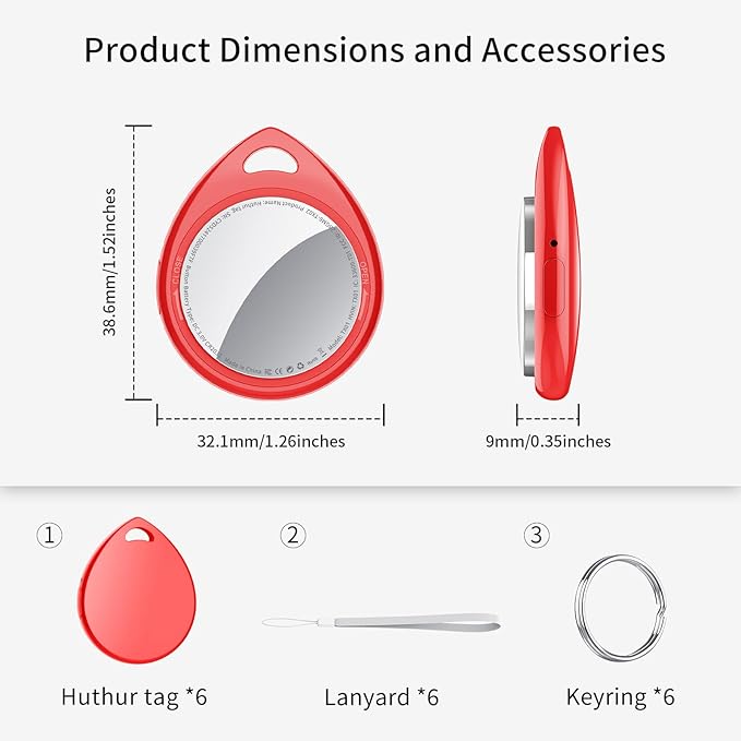 Air Tracker Tags 6 Pack Red, 5.3 Bluetooth Tracker Work with Apple Find My (iOS Only), 100dB Sound, Smart Tag with Keychain/Lanyard, Item Finder for Luggage/Key/Suitcase, Replaceable Battery
