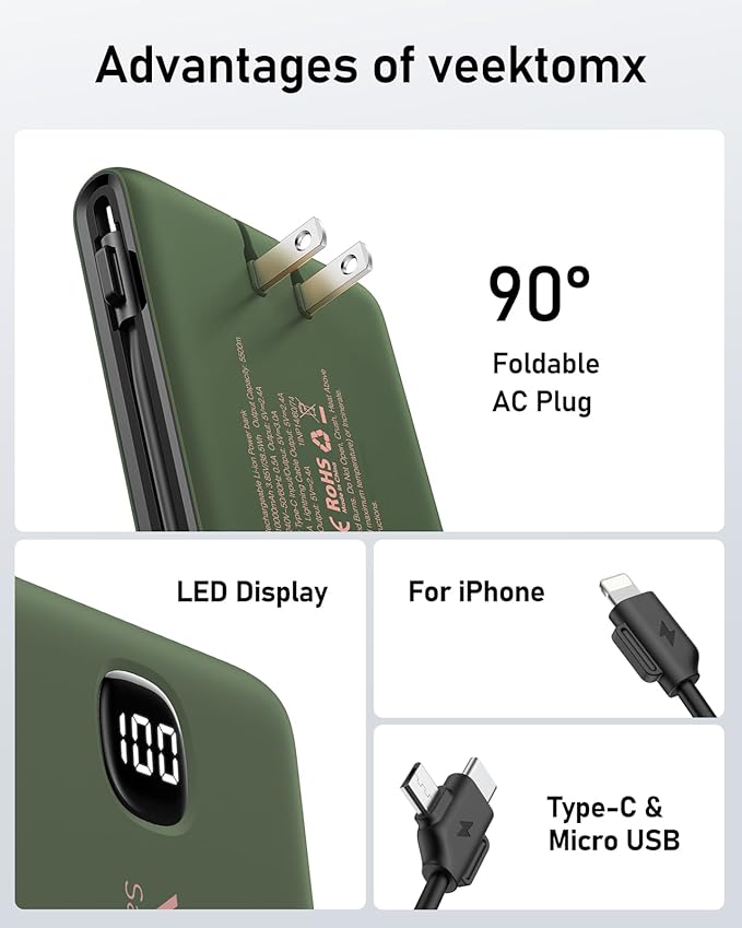 VEEKTOMX Portable Charger with Built in Cables 10000mAh, Power Bank for iPhone with Wall Plug, Travel Essential Fast Charging USB C Slim External Battery Pack for iPhone 17/16/15, Samsung, iPad, etc